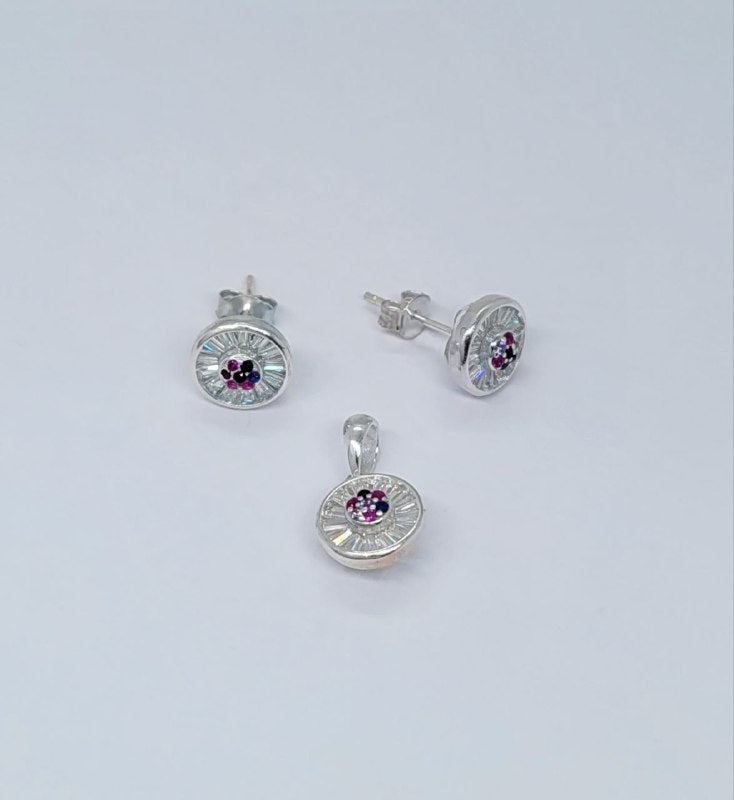 PSET2582 SET REDONDO CON ZIRCONIA BLANCO MULTICOLOR PLATA 9.25