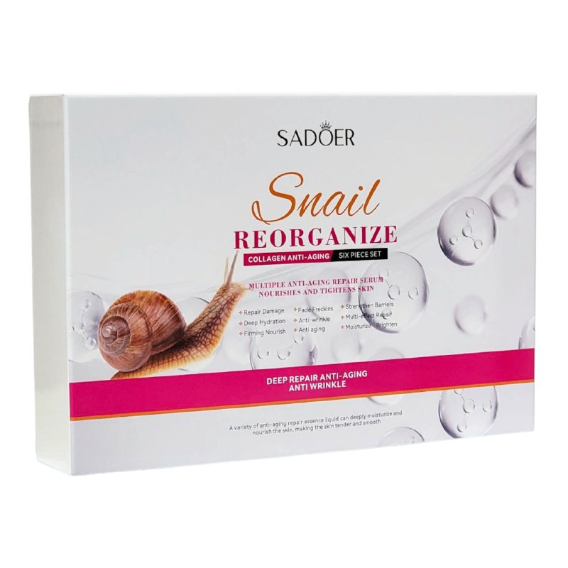 SET DE CUIDADO FACIAL DE CARACOL DE 6 PIEZAS, EFECTO REPARADOR CON COLAGENO, ANTIEDAD SADOER SNAIL REORGANIZE