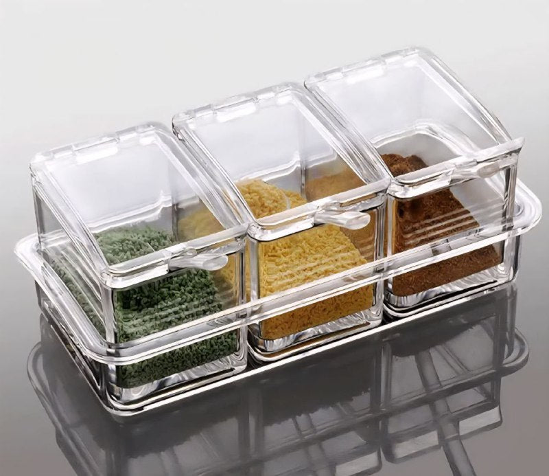 ORGANIZADOR RECIPIENTE ALMACENADOR DE ACRILICOS PARA CONDIMENTOS CON BASE PARA ORGANIZAR Y 3 CUCHARAS