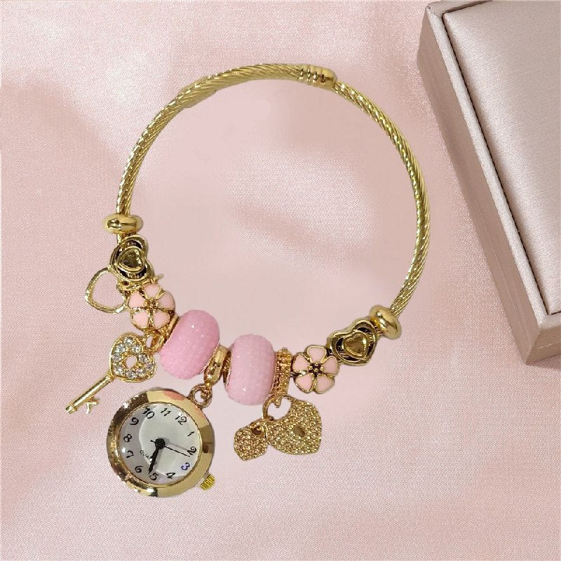 RELOJ ECONOMICO ESTILO PANDORA PARA DAMA DE ACERO CON BAÑO DE ENCHAPE