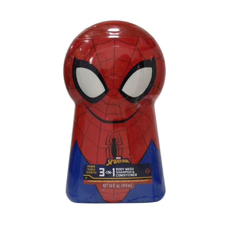 SHAMPOO PARA NIÑOS 3 EN 1 SHAMPOO, ACONDICIONADOR Y SHOWER GEL AROMA A UVA MARVEL SPIDERMAN 414ML