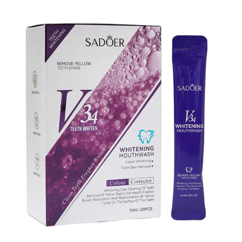 ENJUAGUE BUCAL BLANQUEADOR DE DIENTES 10MLX20UND, QUE REMUEVE EL AMARILLO DE LOS DIENTES AL INSTANTE, GARANTIZANDO UNA LIMPIEZA PROFUNDA Y ALIENTO FRESCO DURADERO SADOER