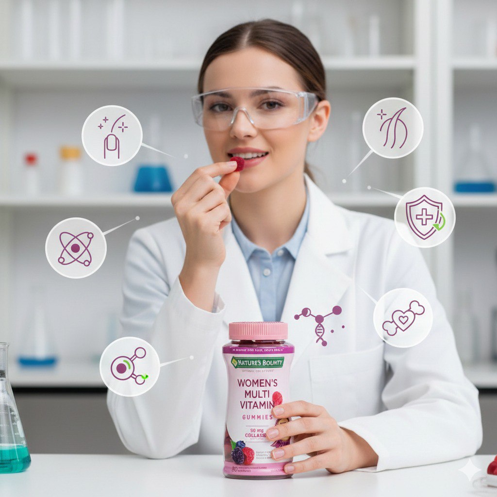 VITAMINAS EN GOMITAS MULTIVITAMINA PARA MUJERES 50MG DE COLAGENO SABOR FRAMBUESA 80PCS NATURES TRUTH