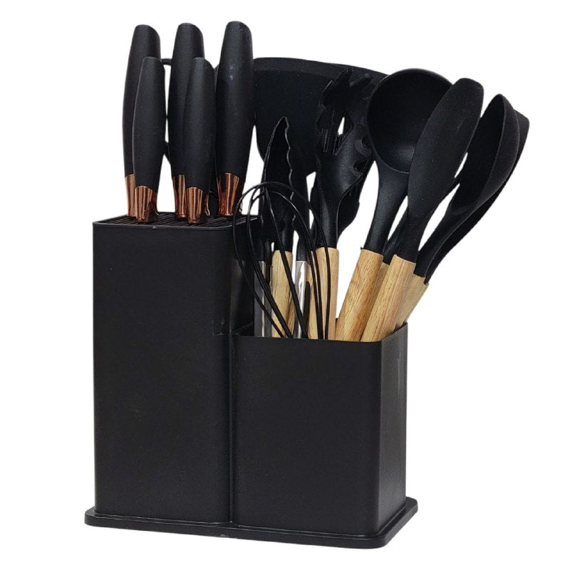 JUEGO DE CUCHILLOS DE COCINA, UTENSILIOS DE COCINA, CUCHARAS DE 18 PIEZAS, DE SILICONA CON SOPORTE DE PLASTICO, AGARRE COMODO, LIGUERO Y PRACTICO, AFILADO Y DURADERO 3 COLORES KITCHENWARE