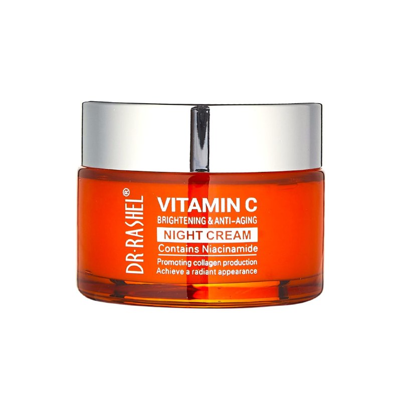CREMA FACIAL DE NOCHE DE VITAMINA C, COLAGENO Y NIACINAMIDA, ILUMINADORA Y ANTIENVEJECIMIENTO,  REDUCE LAS ARRUGAS EN LA PIEL DR RASHEL 50G