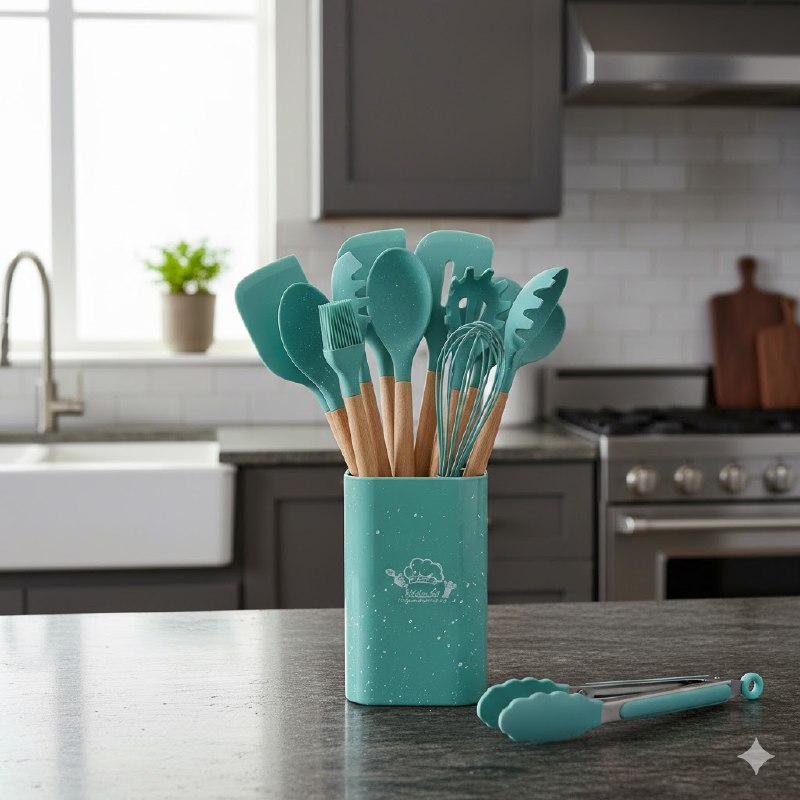 JUEGO DE UTENSILIOS DE COCINA DE SILICONA CON SOPORTE PLASTICO DE 12 PIEZAS, DISEÑADO PARA SOPORTAR TEMPERATURAS DE 30 A 130 GRADOS, SILICONA FLEXIBLE Y SUAVE, 5 COLORES KITCHEN & DINNING