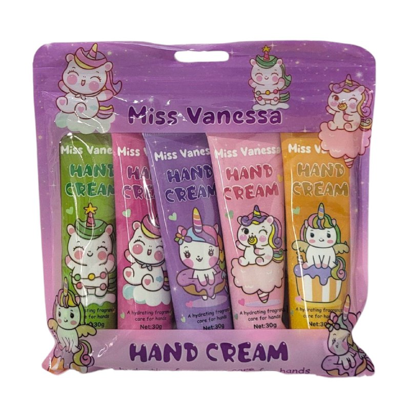 SET DE CREMA PARA MANOS HIDRATANTE Y PERFUMADA DE UNICORNIO 5PCS MISS VANESSA 30GX5