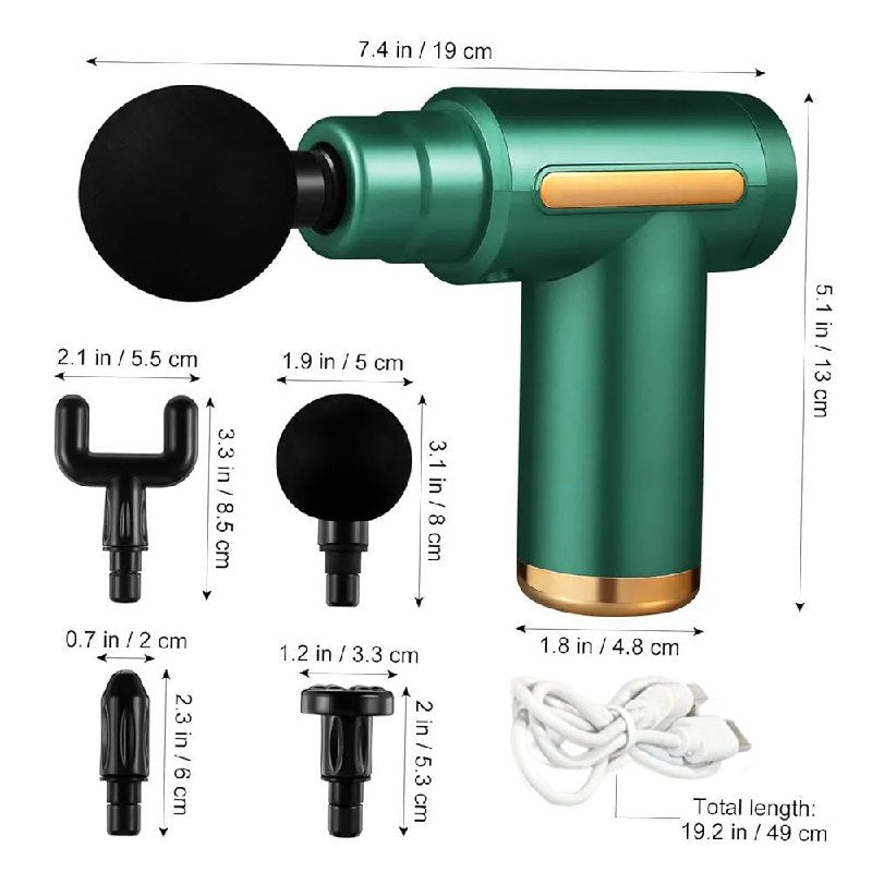 MAQUINA PISTOLA ELECTRICA DE MASAJE INALAMBRICO Y RECARGABLE, POTENCIA COMPACTA DE 4 CABEZAS INTERCAMBIABLES MOTOR 30W, VOLTAJE 5V 132X134X50MM MASSAGE GUN