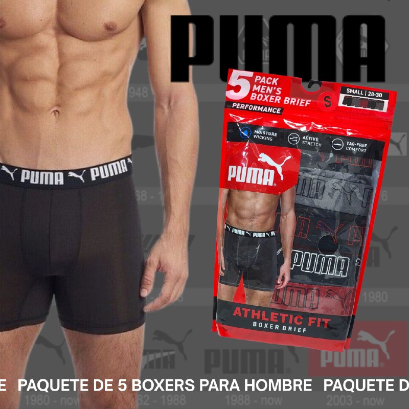 ROPA INTERIOR PARA CABALLERO PUMA ATHLETIC FIT BOXER BRIEF 5 UNIDADES  TALLA SMALL 28-30 (S)