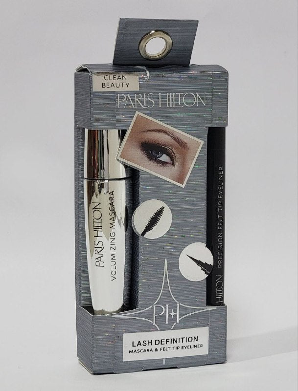 MASCARA PARA PESTAÑAS EN SET VOLUMIZADORA SIN GRUMOS 1ML, DELINEADOR DE OJOS 6ML PARIS HILTON