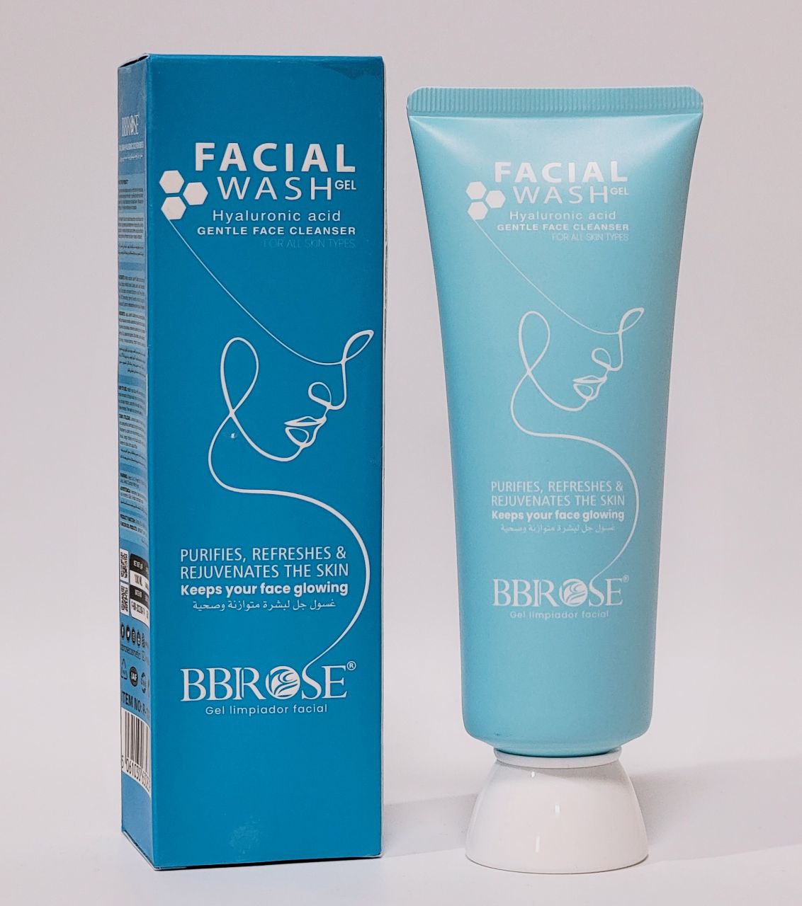 LIMPIADOR FACIAL EN GEL CON ACIDO HIALURONICO, FORMULA RICA EN HIDRATACION QUE PENETRA PROFUNDAMENTE LA PIEL, PURIFICA LA SUCIEDAD Y GRASA BBROSE FACIAL WASH 100ML