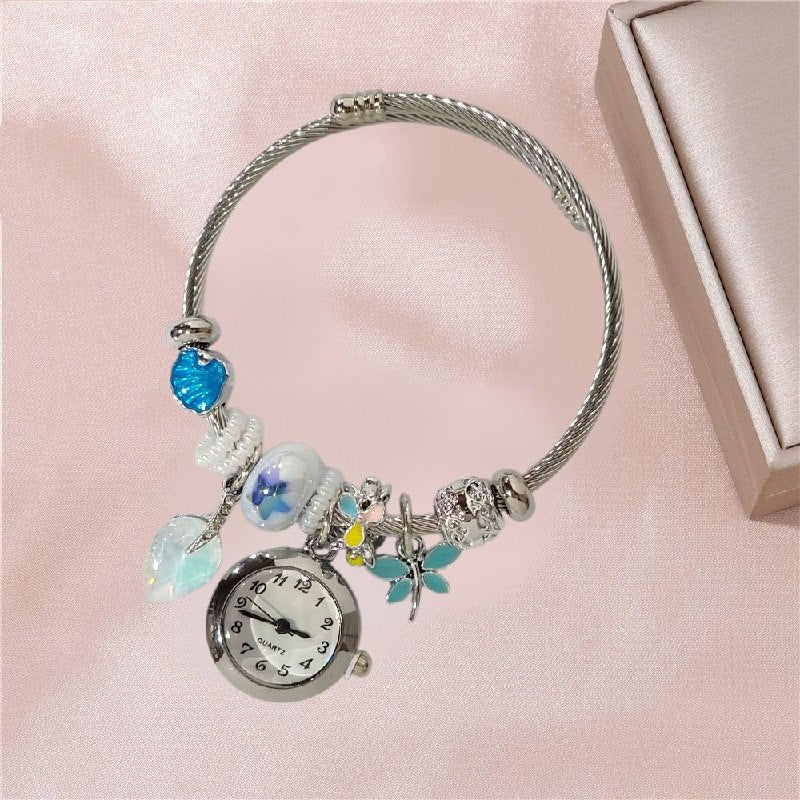 RELOJ ECONOMICO ESTILO PANDORA PARA DAMA DE ACERO CON BAÑO DE ENCHAPE