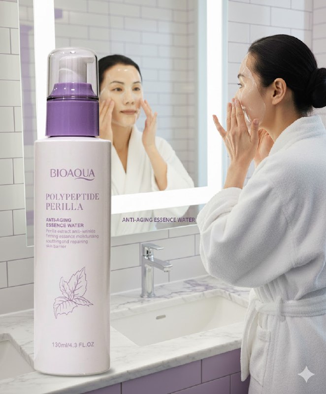 TONICO FACAL AGUA ESENCIAL ANTIENVEJECIMIENTO DE POLIPÉPTIDO PERILLA 130ML, CON TEXTURA HUMEDA, CLARA Y DE RAPIDA ABSORCION QUE REPONE LA HUMEDAD, CALMA, REPARA Y HABLANDA LA PIEL DEJANDOLA SUAVE Y BRILLANTE BIOAQUA