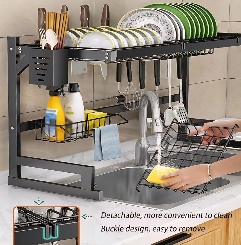 ESTANTE ORGANIZADOR Y ESCURRIDOR DE COCINA, SOBRE EL FREGADERO, ESTANTE DESMONTABLE DE SECADO DE PLATOS DE ACERO INOXIDABLE, FACIL DRENAJE GRAN CAPACIDAD KITCHEN RACK