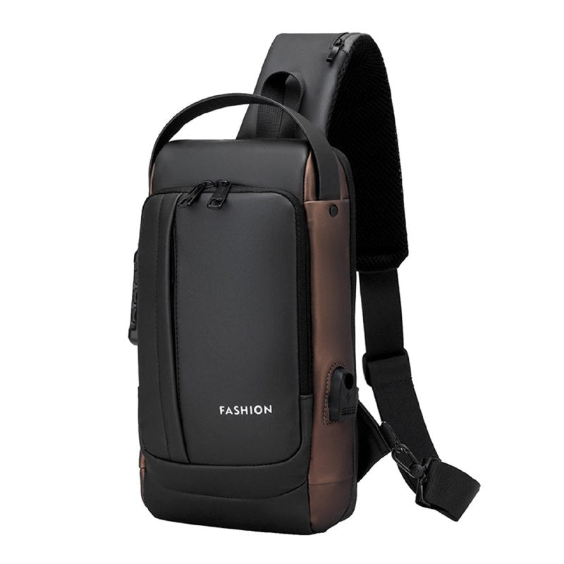 MOCHILA ECONOMICA CRUZADA IMPERMEABLE PARA HOMBRES CON PUERTO USB Y SISTEMA ANTIRROBO CLAVE