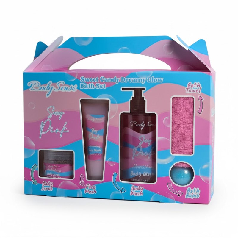 SET DE CUIDADO CORPORAL DE BAÑO, EXFOLIANTE 150ML, LIMPIADOR FACIAL 110ML, GEL DE DUCHA 490ML, TOALLA MANO, BOMBA ESPUMA BODY SENSE