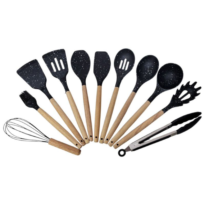 JUEGO DE UTENSILIOS DE COCINA DE SILICONA CON SOPORTE PLASTICO DE 12 PIEZAS, DISEÑADO PARA SOPORTAR TEMPERATURAS DE 30 A 130 GRADOS, SILICONA FLEXIBLE Y SUAVE, 5 COLORES KITCHEN & DINNING