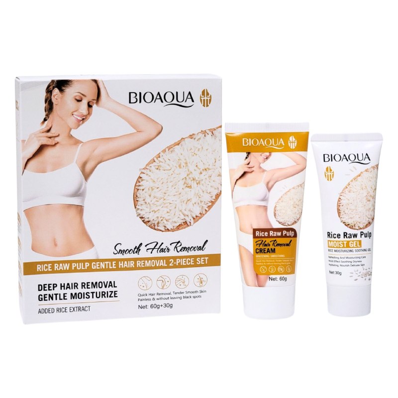 SET DE CREMA CORPORAL DEPILADORA Y GEL REPARADORA DE PULPA CRUDA DE ARROZ 2PCS BIOAQUA