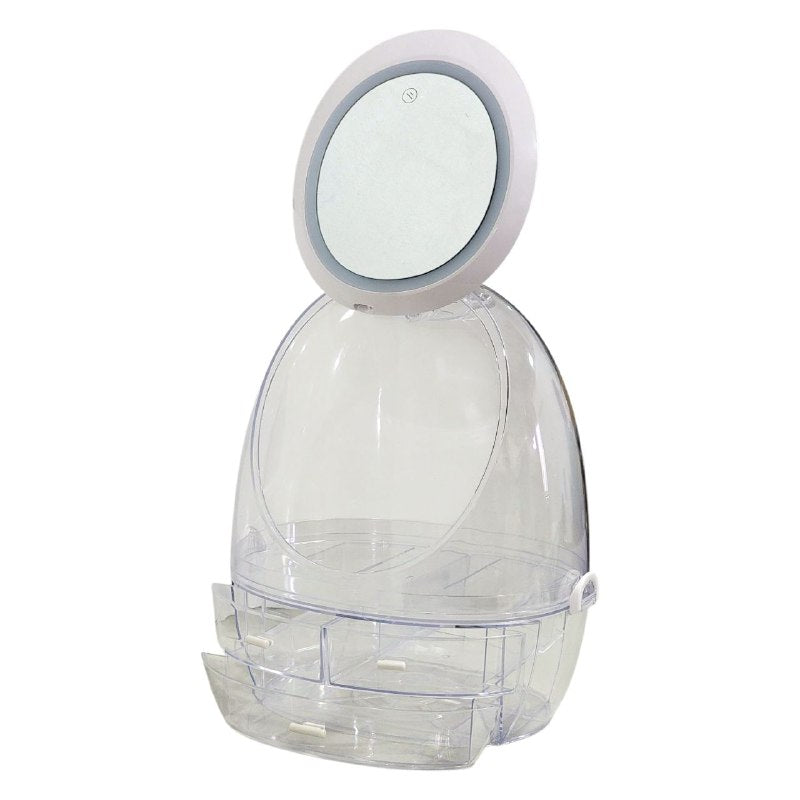 ORGANIZADOR ESTANTE DE COSMETICOS, MAQUILLAJE CON 4 COMPARTIMIENTOS, ESPEJO CON LUZ LED DE 3 MODOS DE INTENSIDAD COLOR TRANSPARENTE
