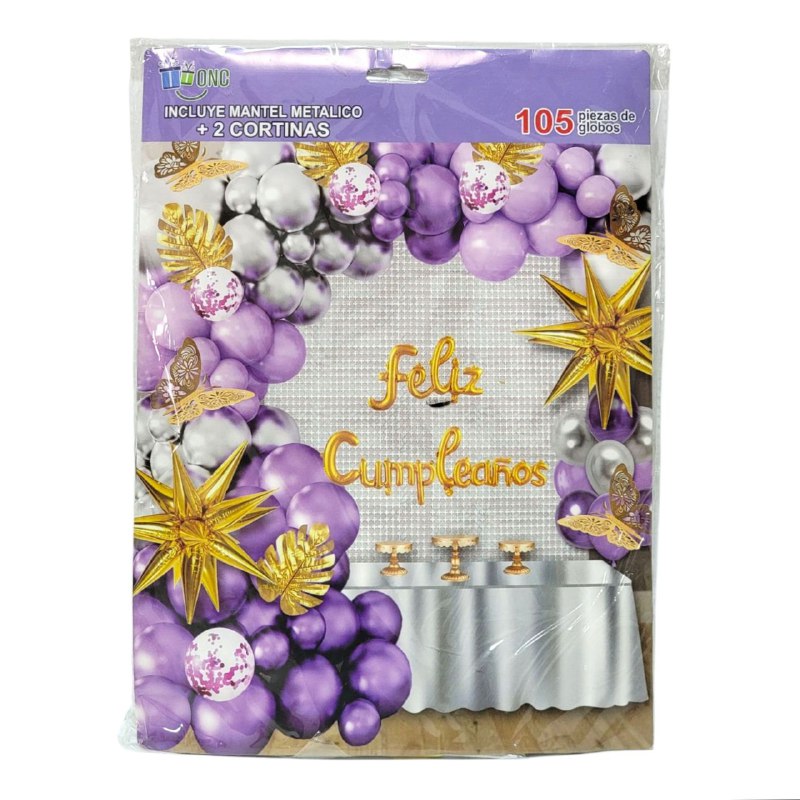 DECORACION PARA CUMPLEAÑOS EN SET COMPLETO, MANTEL METALICO, 2 CORTINAS, 105 GLOBOS