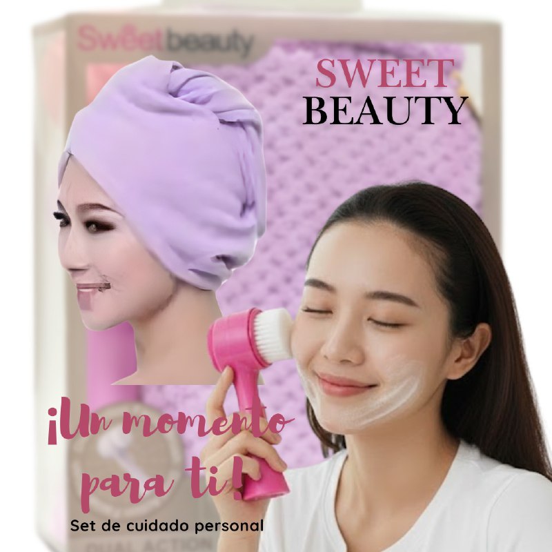 KIT DE CUIDADO PERSONAL, ESPONJA MAQUILLAJE, TOALLA PELO Y CEPILLO FACIAL SWEET BEAUTY