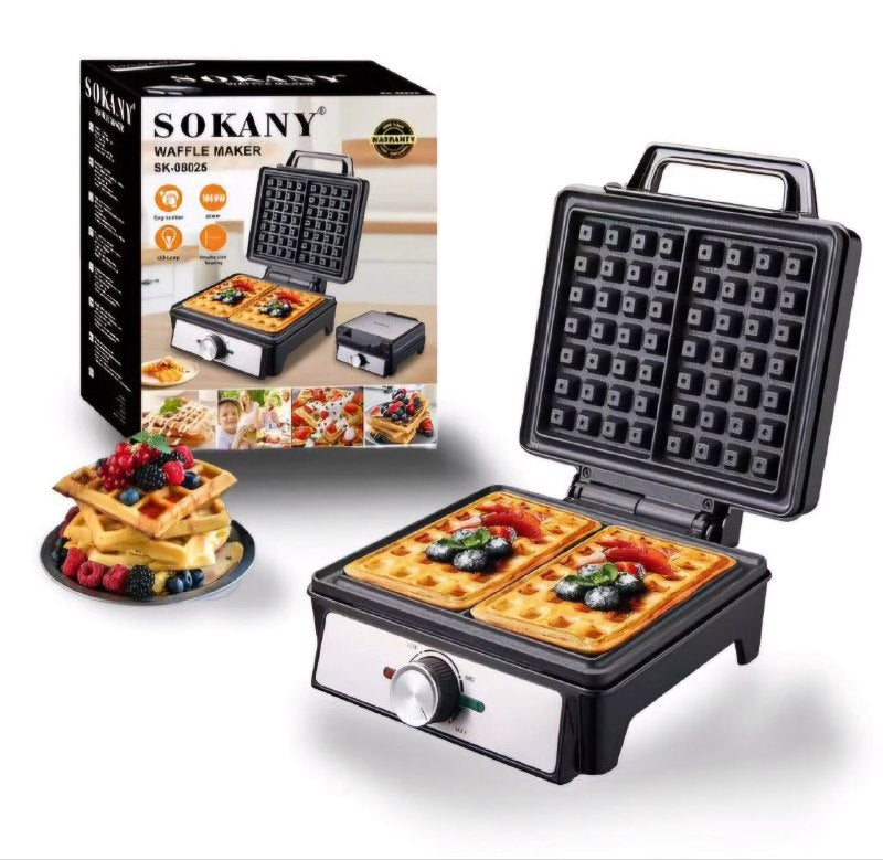 MAQUINA WAFFLERA SK-08025, RECUBRIMIENTO ANTIADHERENTE, PLASTICO RESISTENTE AL CALOR, INDICADOR DE ENCENDIDO, 1200W FUERZA, CALEFACCION DE DOBLE CARA SOKANY