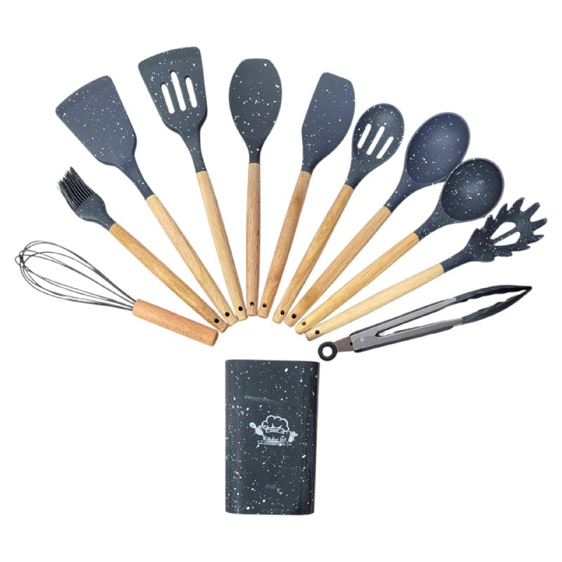 JUEGO DE UTENSILIOS DE COCINA DE SILICONA CON SOPORTE PLASTICO DE 12 PIEZAS, DISEÑADO PARA SOPORTAR TEMPERATURAS DE 30 A 130 GRADOS, SILICONA FLEXIBLE Y SUAVE, 5 COLORES KITCHEN & DINNING