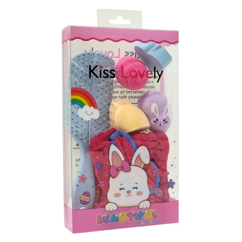 KIT DE CUIDADO FACIAL, GORRO, CEPILLO PELO Y ESPONJAS DE MAQUILLAJE KISS LOVELY, 5 COLORES