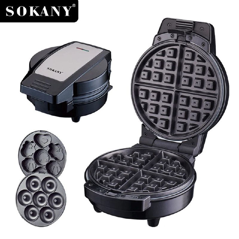 MAQUINA PARA HACER SNACKS CHUCHERIAS DESMONTABLE 3 EN 1, WAFFLES, MINI DONAS, CUPCAKES, FACIL DE LIMPIAR, ALTA POTENCIA, CALEFACCION DOBLE CARA SOKANY SK-08006
