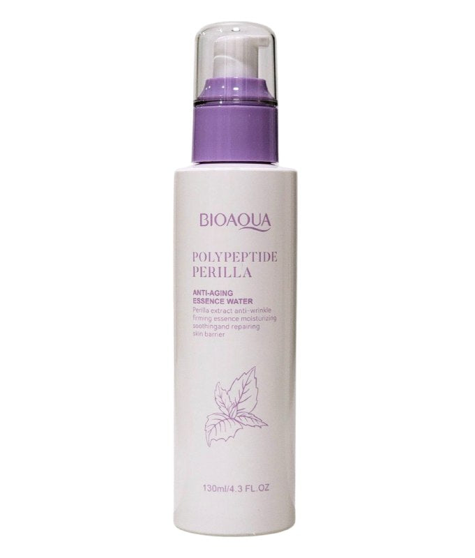 TONICO FACAL AGUA ESENCIAL ANTIENVEJECIMIENTO DE POLIPÉPTIDO PERILLA 130ML, CON TEXTURA HUMEDA, CLARA Y DE RAPIDA ABSORCION QUE REPONE LA HUMEDAD, CALMA, REPARA Y HABLANDA LA PIEL DEJANDOLA SUAVE Y BRILLANTE BIOAQUA