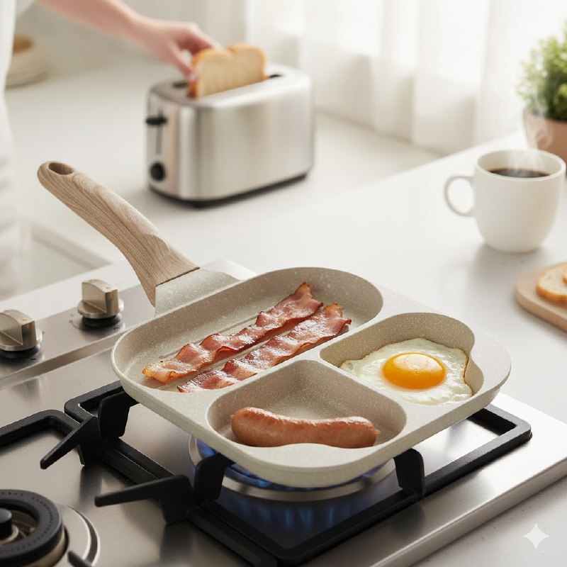 SARTEN MULTIFUNCIONAL CON MANGO DE MADERA, DISEÑADO PARA PREPARAR EL DESAYUNO PERFECTO RAPIDAMENTE, SU DISEÑO DIVIDIDO PERMITE COCINAR DIFERENTE ALIMENTOS AL MISMO TIEMPO SIN MEZCLAR SABORES SINMORE