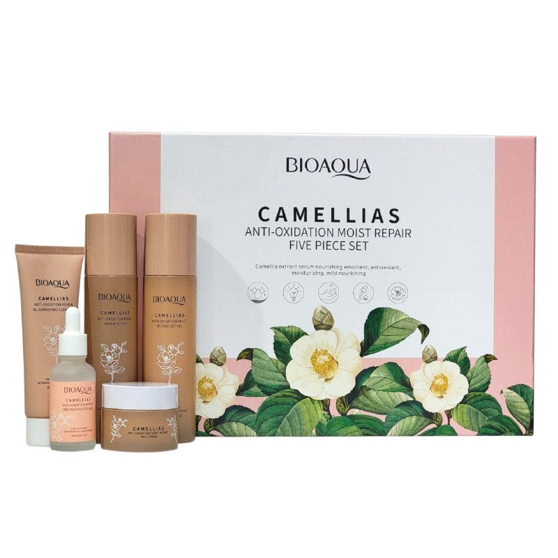SET DE CUIDADO FACIAL DE CAMELIAS DE 5 PIEZAS, EFECTO REPARADOR, HUMEDO Y ANTIOXIDANTE BIOAQUA CAMELLIAS