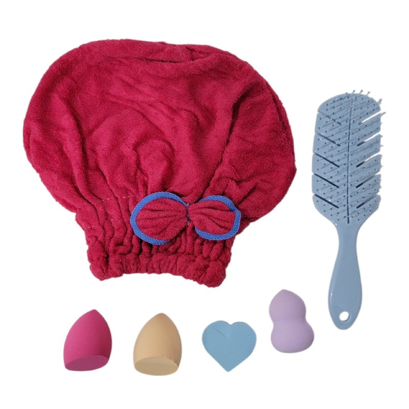 KIT DE CUIDADO FACIAL, GORRO, CEPILLO PELO Y ESPONJAS DE MAQUILLAJE KISS LOVELY, 5 COLORES