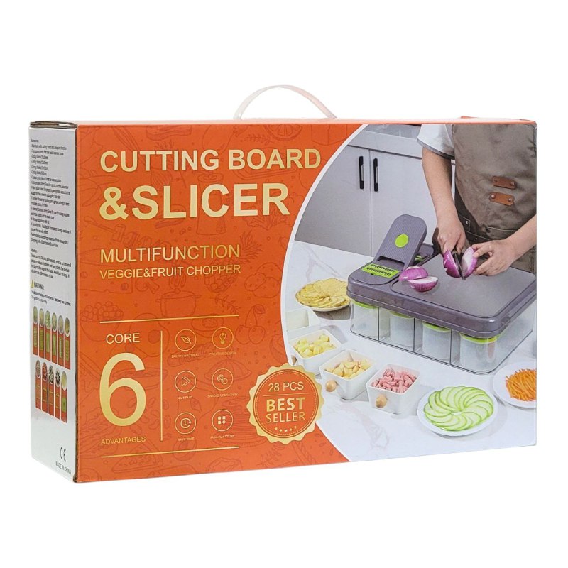 MAQUINA CHISMOLERA DE 28 PIEZAS MULTIUSOS TODO EN UNO, CUCHILLAS INTERCAMBIABLES DE ACERO INOXIDABLE Y 4 COMPARTIMIENTOS CUTTING BOARD 13X30X45CM