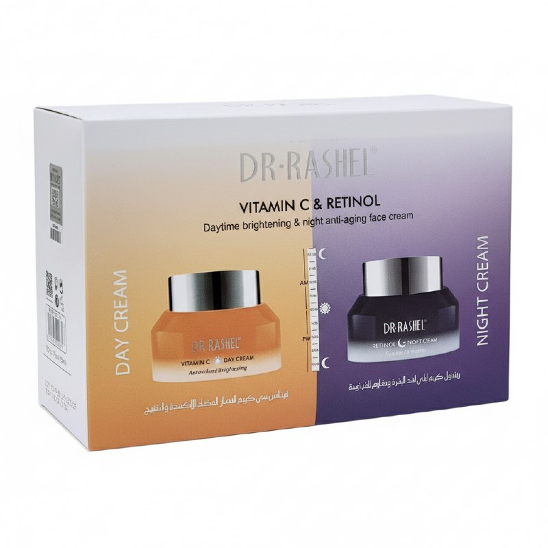 CREMA FACIAL EN SET DE VITAMINA C Y RETINOL HIDRATANTE Y REJUVENECEDOR 50GX2, FORMULA DUAL ACCION QUE ILUMINA Y REVITALIZA LA CARA EN EL DIA Y LA NOCHE DEJANDO LA PIEL SUAVE DR RASHEL