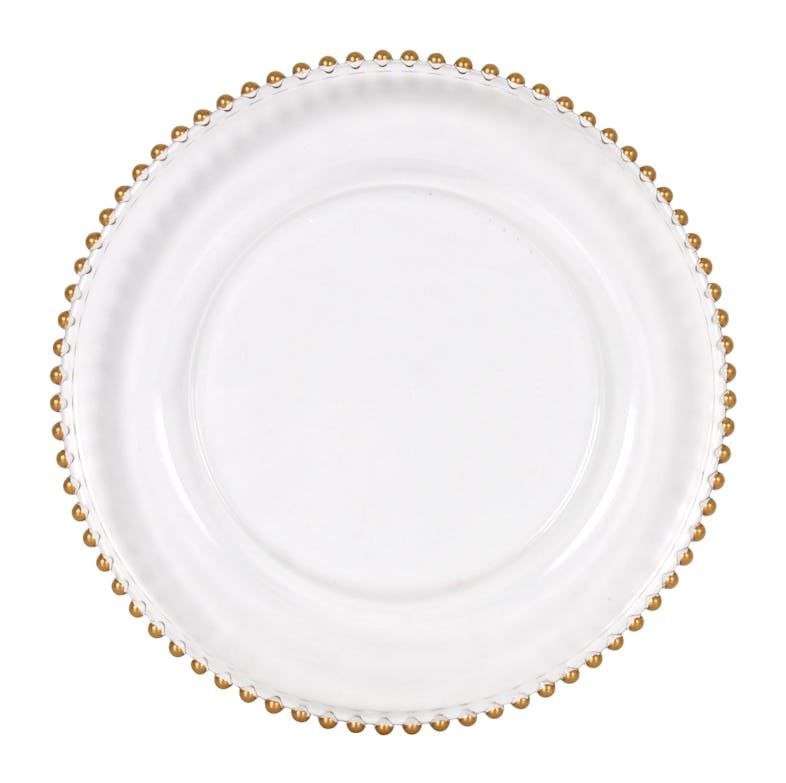 PLATO DECORATIVO NAVIDEÑO TRANSPARENTE CON DORADO PLASTICO 32X32CM