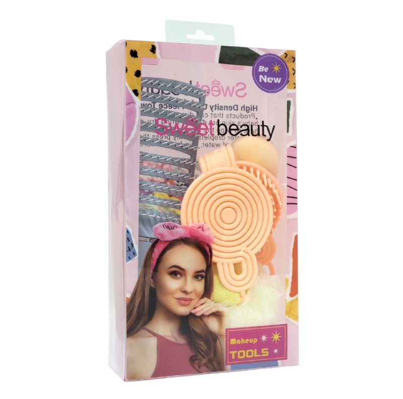 SET DE CUIDADO PERSONAL, ESPONJA MAQUILLAJE, ESPONJA DE BAÑO Y CEPILLO DE PELO SWEET BEAUTY