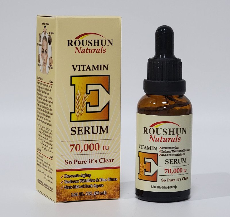 SUERO FACIAL DE VITAMINA E, PROPIEDADES ANTIINFLAMATORIAS, REDUCEN LAS ESTRIAS, LAS LINEAS FINAS Y CICATRICES, DERMATITIS, ACNE Y ECZEMA ROUSHUN NATURALS VITAMIN E SERUM 30ML