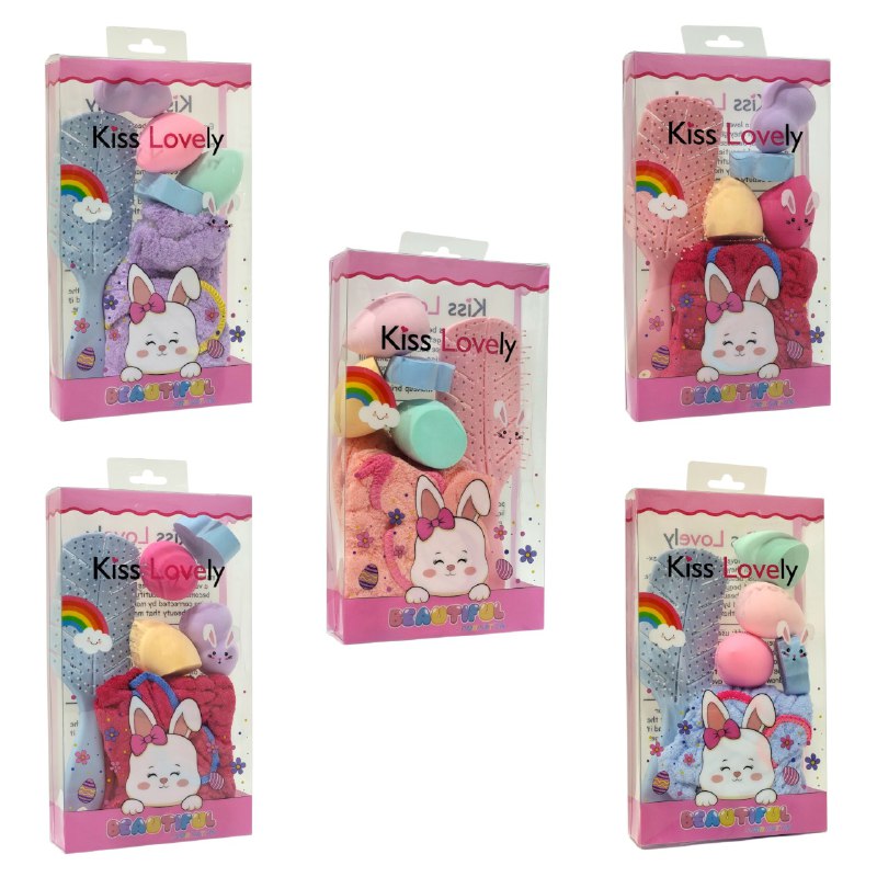 KIT DE CUIDADO FACIAL, GORRO, CEPILLO PELO Y ESPONJAS DE MAQUILLAJE KISS LOVELY, 5 COLORES