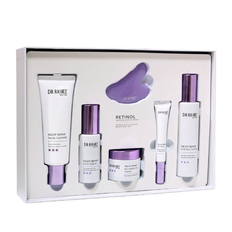 SET DE CUIDADO FACIAL DE 6 PIEZAS DE REPARACION NOCTURNA REJUVENECEDORA DR RASHEL, LIMPIADOR FACIAL 120G, TONICO 100ML, SUERO 50ML, CREMA NOCHE 50G, CREMA DE OJOS 20G Y MASAJEADOR FACIAL