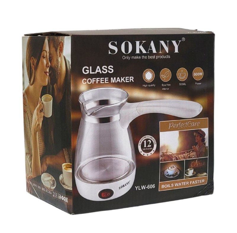 MAQUINA CAFETERA DE VIDRIO, HIERVE EL AGUA MAS RAPIDO, CAPACIDAD 500ML, 5 TAZAS DE CAFE, POTENCIA 600W, CALENTAMIENTO, INTERRUPTOR DE ENCENDIDO, FACIL DE LIMPIAR SOKANY YLW-606 GLASS COFFE MAKER