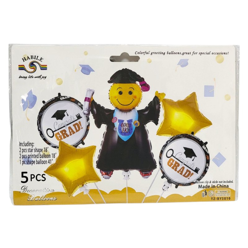DECORACION GLOBOS DE GRADUACION ELEGANTES EN PAQUETE DE 5 PIEZAS HABILE 55CM