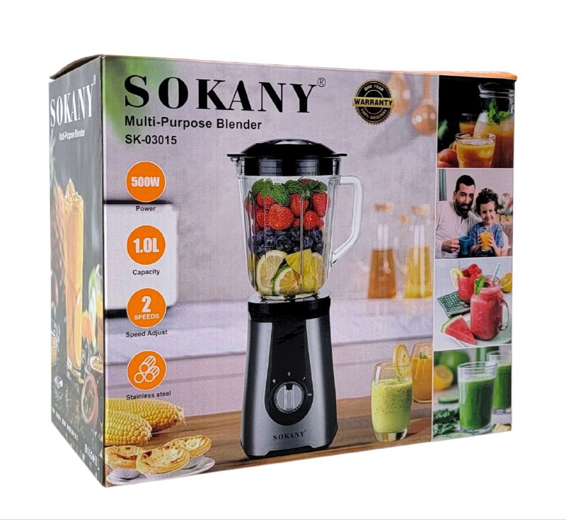 MAQUINA LICUADORA MULTIUSOS DE 500W FUERZA, CAPACIDAD 1L, 2 VELOCIDADES, ACERO INOXIDABLE SK-03015 SOKANY