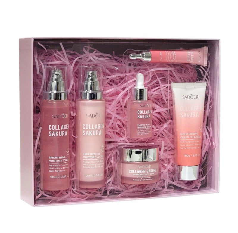 SET TRATAMIENTO FACIAL DE 6 PIEZAS DE SAKURA, EFECTO REAFIRMANTE, ILUMINADOR, ELASTICIDAD DE LA PIEL E HIDRATACION REPARADORA SADOER COLLAGEN SAKURA