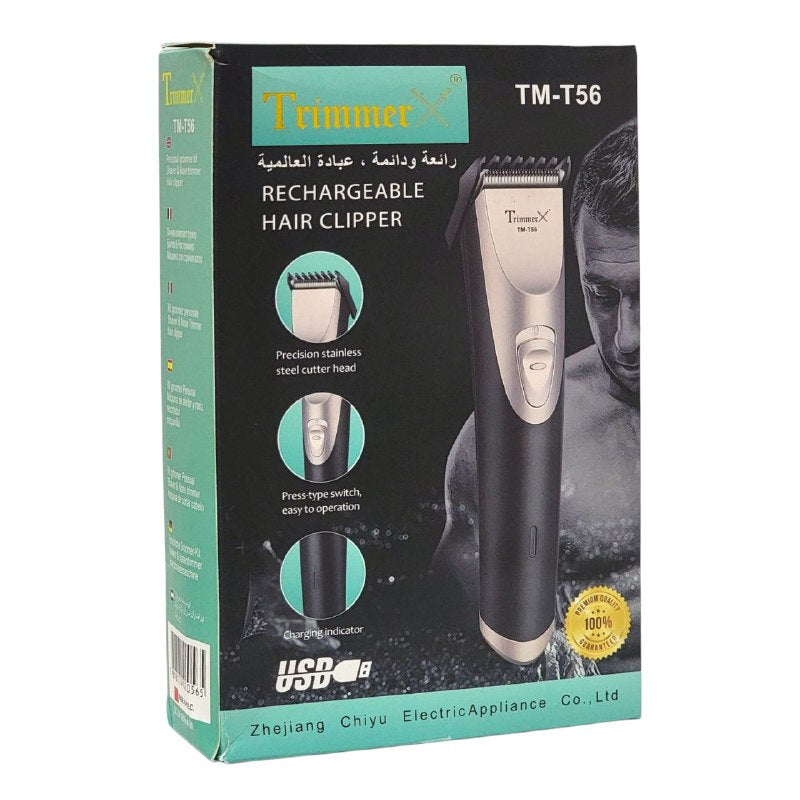 MAQUINA CORTADORA DE PELO PROFESIONAL RECARGABLE, CABEZAL DE CORTE DE PRECISION DE ACERO INOXIDABLE, INTERRUPTOR DE PRESION, FACIL DE USAR, INDICADOR DE CARGA, CABLE USB TRIMMER TM-T56