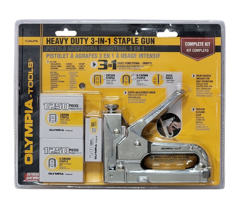 HERRAMIENTAS PISTOLA DE GRAPAS INDUSTRIAL 3 EN 1 RESISTENTE, 2700 GRAPAS, PARA MUEBLES  DE MADERA Y TELA, ETC OLYMPIA TOOLS