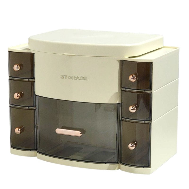 ORGANIZADOR ESTANTE DE COSMETICOS, MAQUILLAJE CON 8 COMPARTIMIENTOS, ESPEJO CON LUZ LED 3 MODOS DE INTENSIDAD, COLOR CREMA STORAGE