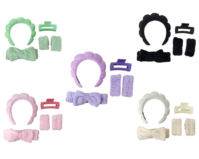 KIT DE CUIDADO FACIAL, GANCHO, DIADEMAS Y MUÑEQUERAS SKIN CARE, 5 COLORES