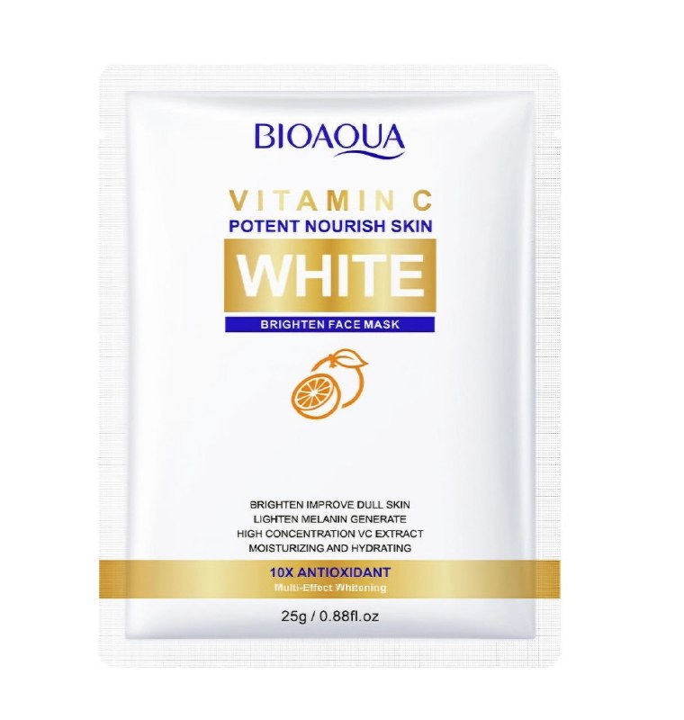 MASCARILLA FACIAL ILUMINADORA BLANCA CON VITAMINA C, LA TELA ES SUAVE Y LIVIANA, BLANQUEA, HIDRATA Y REFRESCA LA PIEL BIOAQUA 25G