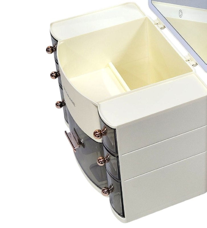 ORGANIZADOR ESTANTE DE COSMETICOS, MAQUILLAJE CON 8 COMPARTIMIENTOS, ESPEJO CON LUZ LED 3 MODOS DE INTENSIDAD, COLOR CREMA STORAGE